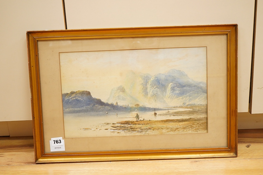 Edwin Earp (1851-1945), Mountainous riverscape with angler, signed, watercolour heightened with white, 23 x 38cm